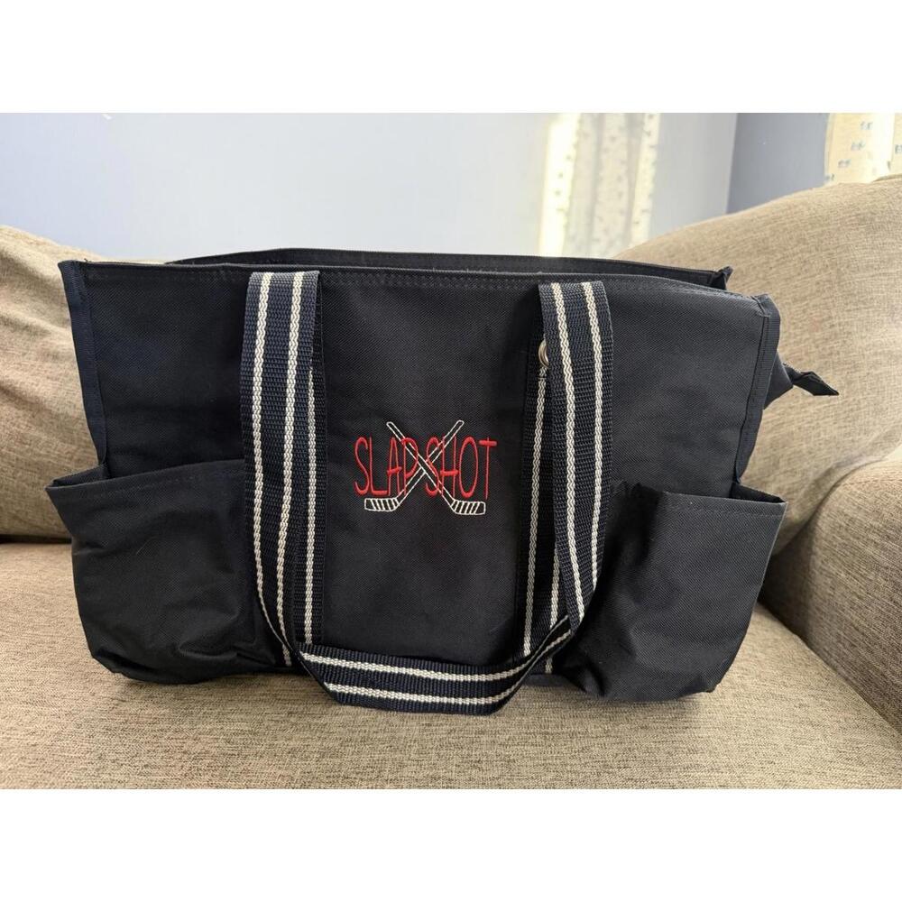 Thirty One Organizing Zip Top Utility Tote Black Slap Shot Embroidered